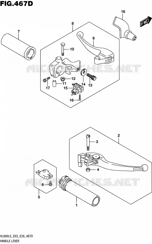 ENSEMBLE LEVIERS - POIGNEES (VL800TL5 E28) Suzuki MOTO 800 BOULEVARD 2015  VL800 L5/VL800T L5