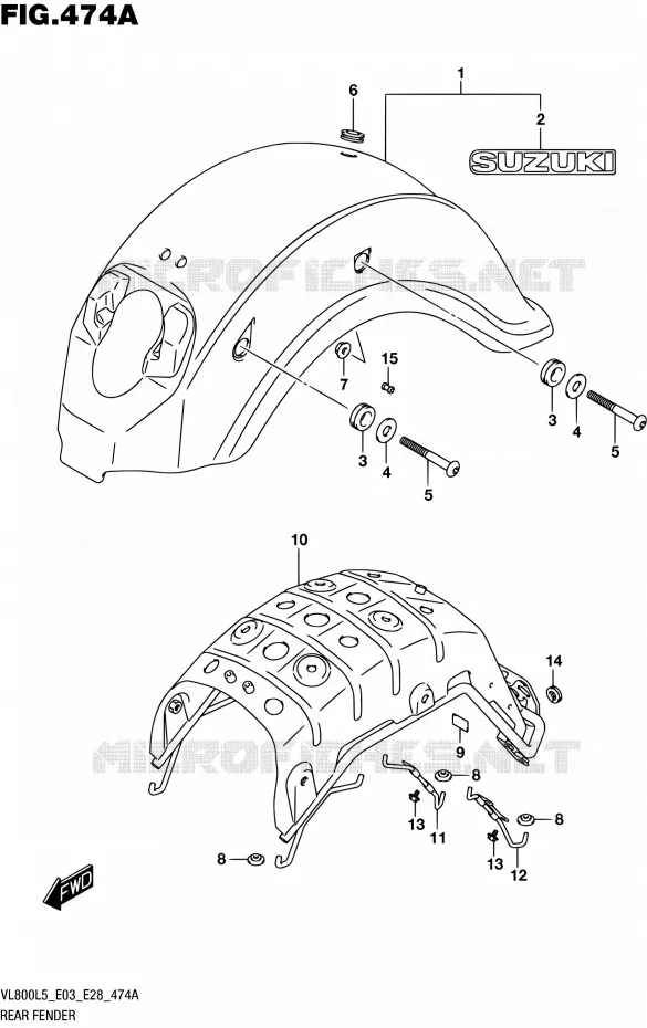 GARDE BOUE ARRIERE (VL800L5 E03) Suzuki MOTO 800 BOULEVARD 2015  VL800 L5/VL800T L5