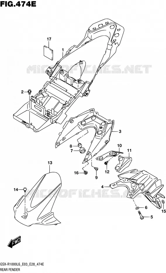 GARDE BOUE ARRIERE (GSX-R1000AL6 E33) Suzuki MOTO 1000 GSX-R 2016  GSX-R1000 L6 (E03,E28,E33)