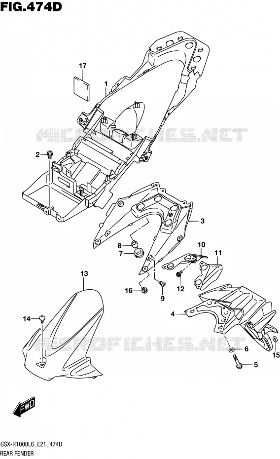 GARDE BOUE ARRIERE (GSX-R1000AUFL6 E21) Suzuki MOTO 1000 GSX-R 2016  GSX-R1000UF L6 (E21)