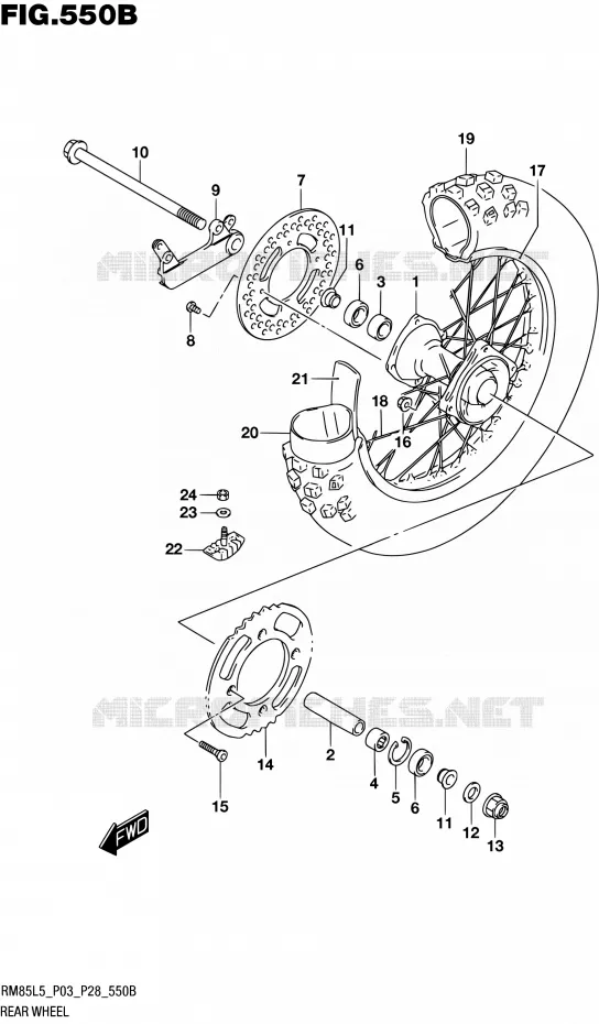 ROUE ARRIERE (RM85L5 P28) Suzuki MOTO 85 RM 1992  RM85L L5 (P03,P28,P33)