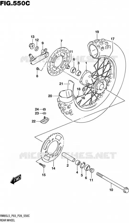 ROUE ARRIERE (RM85LL5 P28) Suzuki MOTO 85 RM 1992  RM85L L5 (P03,P28,P33)