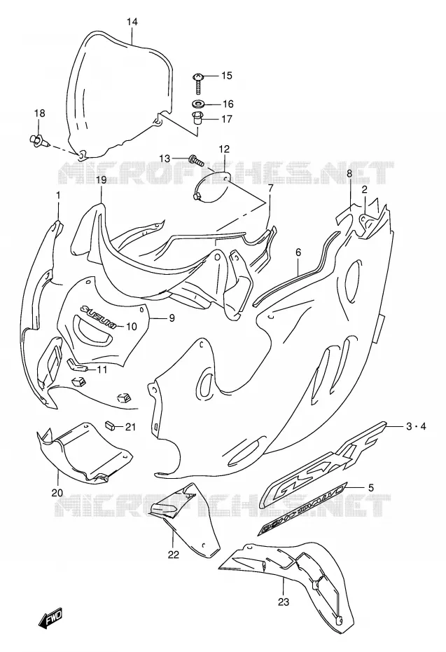 CARENAGES - ETIQUETTES (MODELE W) Suzuki MOTO 600 GSX-F 2001  GSX600FK1(E2)