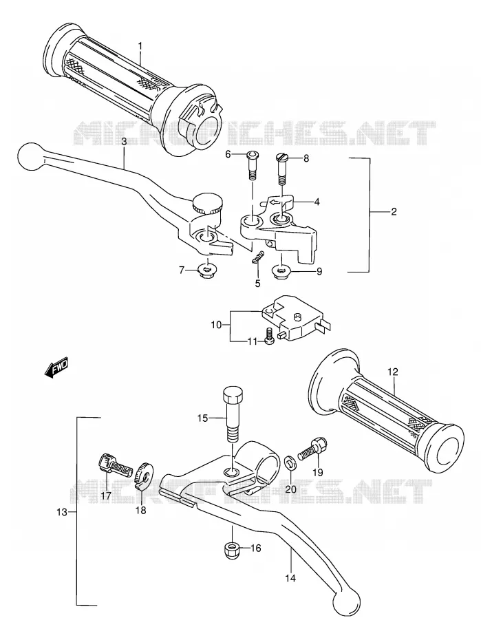 ENSEMBLE LEVIERS - POIGNEES (MODELE K/L/M/N/P/R/S/T) Suzuki MOTO 600 GSX-F 1990  GSX600FUL(E2)