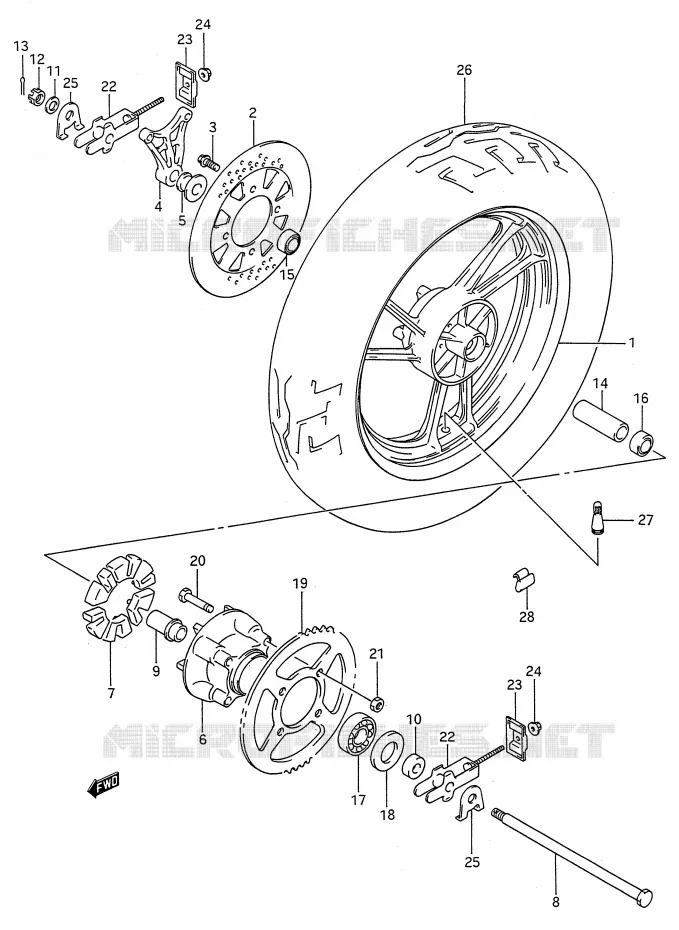 ROUE ARRIERE (MODELE J) Suzuki MOTO 600 GSX-F 1992  GSX600FU2N(E28)