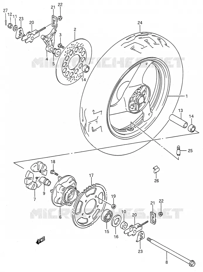 ROUE ARRIERE (MODELE K/L/M/N/P/R/S/T) Suzuki MOTO 600 GSX-F 1990  GSX600FU2L(E28)