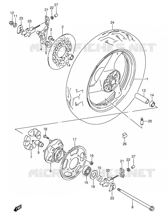 ROUE ARRIERE (MODELE K/L/M/N/P/R/S/T) Suzuki MOTO 600 GSX-F 1996  GSX600FUT(E2)