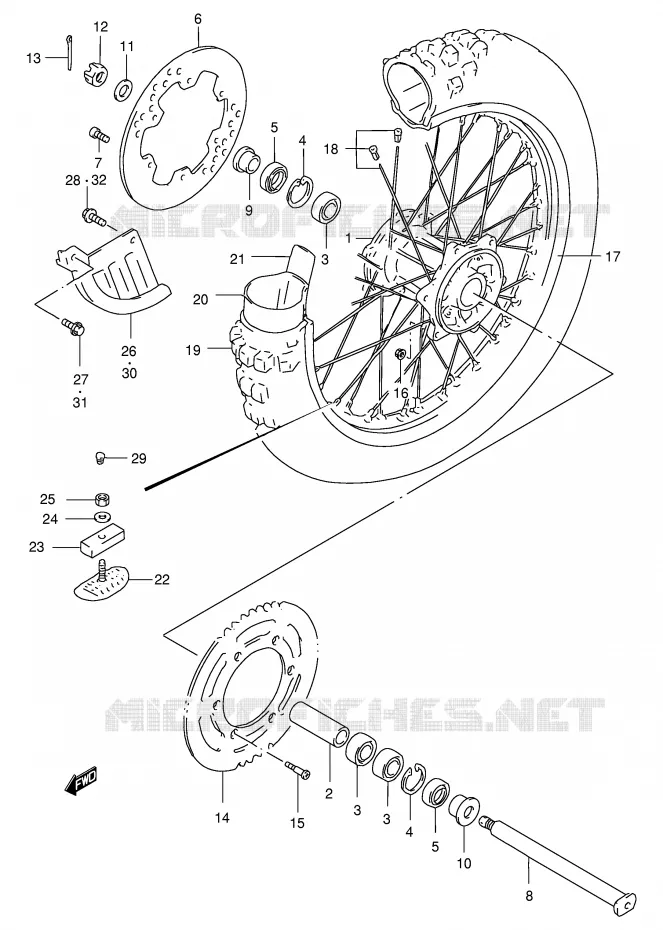 ROUE ARRIERE (MODELE T/V/W/X) Suzuki MOTO 250 RM 1996  RM250T(E3/E28)