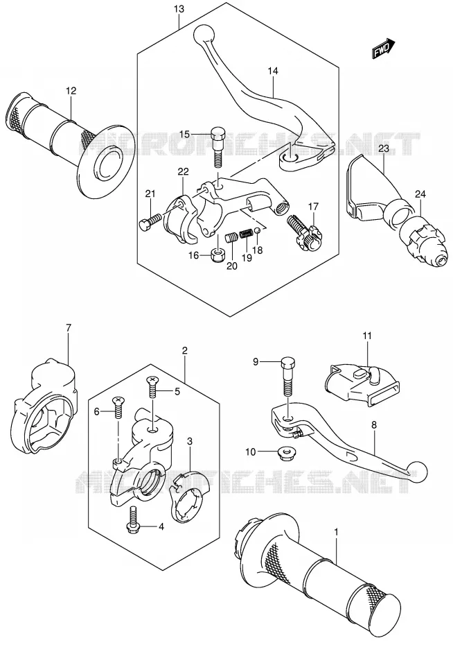 ENSEMBLE LEVIERS - POIGNEES (MODELE K4/K5/K6) Suzuki MOTO 125 RM 2003  RM125K3