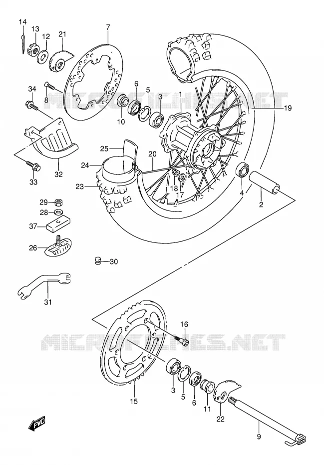 ROUE ARRIERE (MODELE N/S/T) Suzuki MOTO 250 RMX 1990  RMX250L(E1)