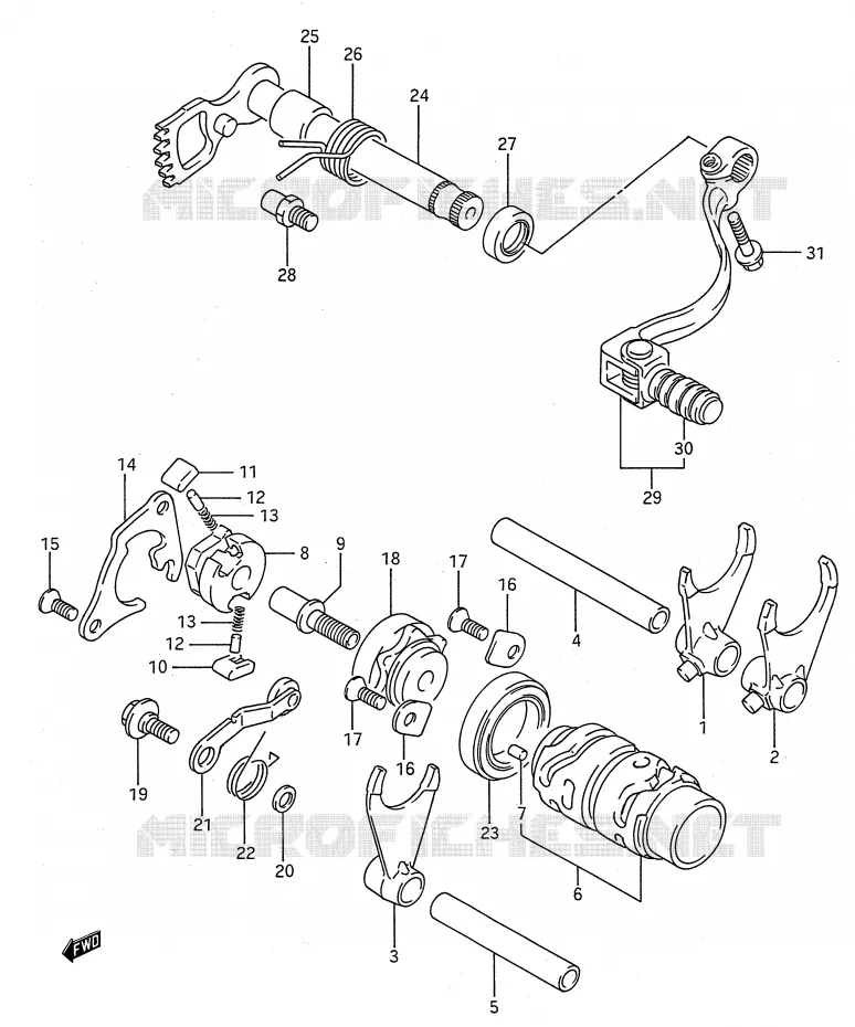 ENSEMBLE DE SELECTION DE VITESSES (MODELE K/L/M/N/P/R/S) Suzuki MOTO 80 RM 1995  RM80S(E28)