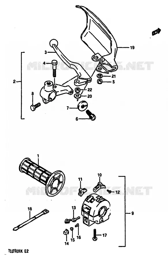 ENSEMBLE POIGNEE GAUCHE (MODELE G E1,E2,E4,E21,E24) Suzuki MOTO 250 TS-X 1987  TS250XH(E/G/H/J/K)