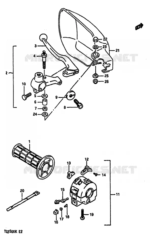 ENSEMBLE POIGNEE GAUCHE (MODELE K E21,E24) Suzuki MOTO 250 TS-X 1987  TS250XH(E/G/H/J/K)