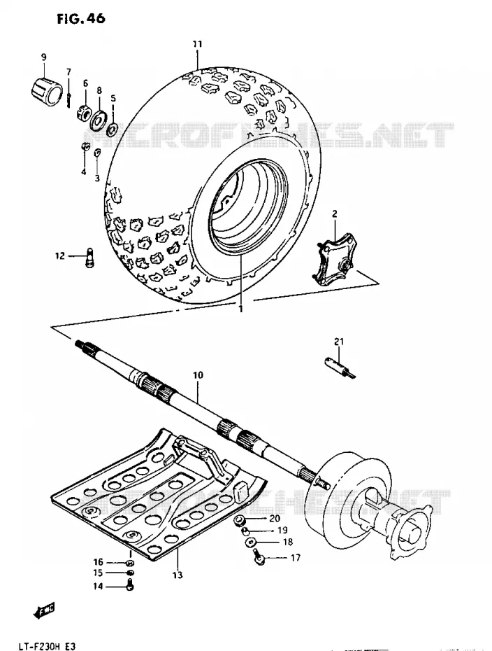 ROUE ARRIERE DROITE - PROTECTION INFERIEURE Suzuki QUAD 230 OZARK 1986  LTF230G(E3)