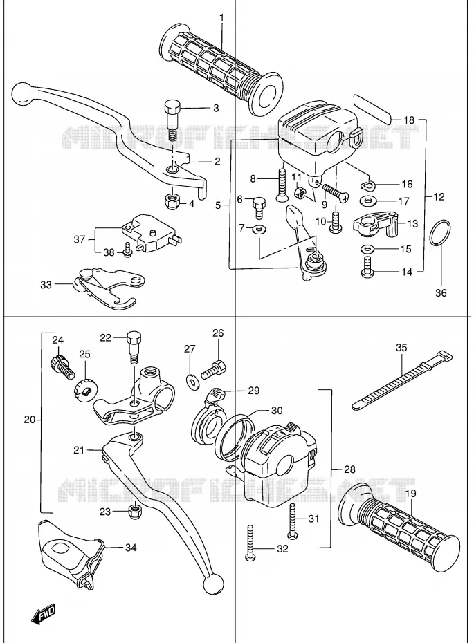 ENSEMBLE LEVIERS - POIGNEES (MODELE X/Y/K1) Suzuki QUAD 300 KINGQUAD 2001  LT-F300FK1(E24)