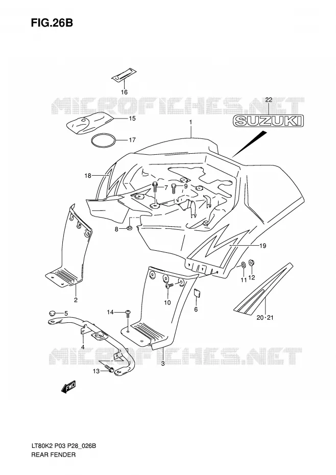 GARDE BOUE ARRIERE (MODELE K5/K6) Suzuki QUAD 80 QUADSPORT 2002  LT80K2(P3/P28)