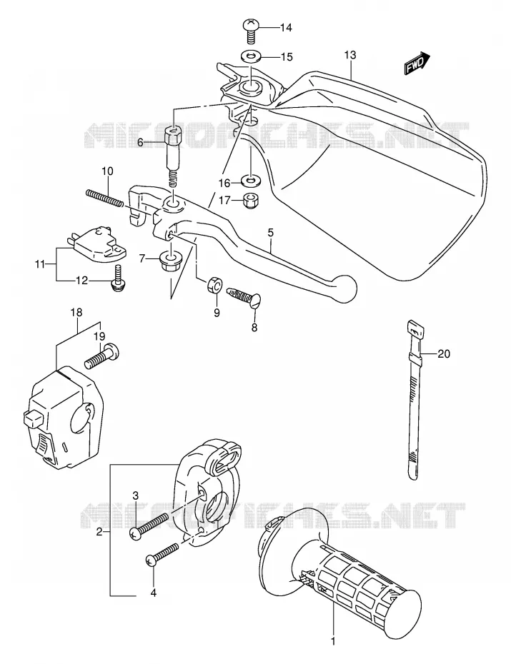 ENSEMBLE LEVIER - COMMODO DROIT (MODELE N/P/R E21) Suzuki MOTO 250 DR 1991  DR250SM(E24)