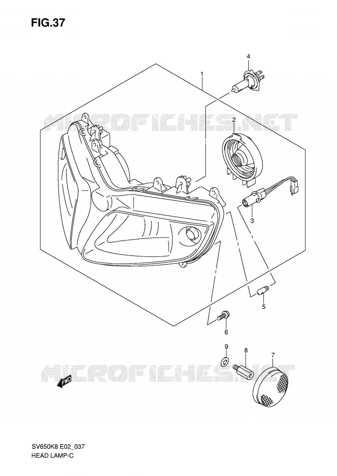 PHARE (SV650SK8/SK9/SAK8/SL0/SAL0/SUL0 E24) Suzuki MOTO 650 SV 2009  SV650SUK9(E2)