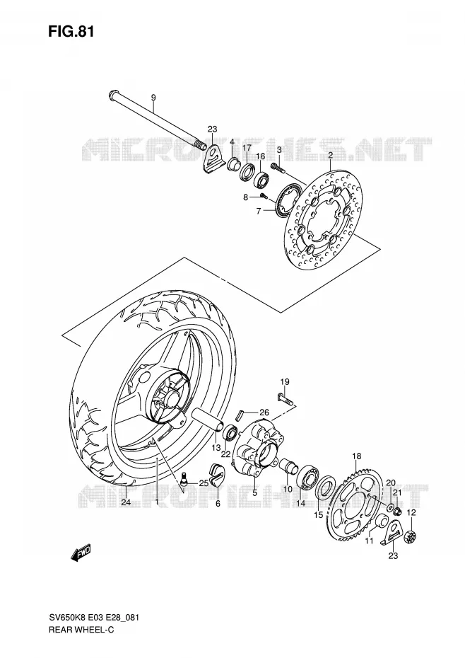 ROUE ARRIERE (SV650AK8/SAK8/AK9/SAK9/SAL0) Suzuki MOTO 650 SV 2008  SV650SAK8(E3/E28)