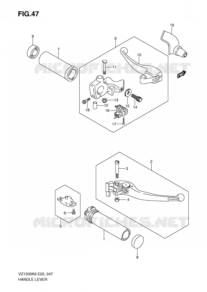 ENSEMBLE LEVIERS - POIGNEES Suzuki MOTO 1500 BOULEVARD-M91 2010  VZ1500L0(E2)