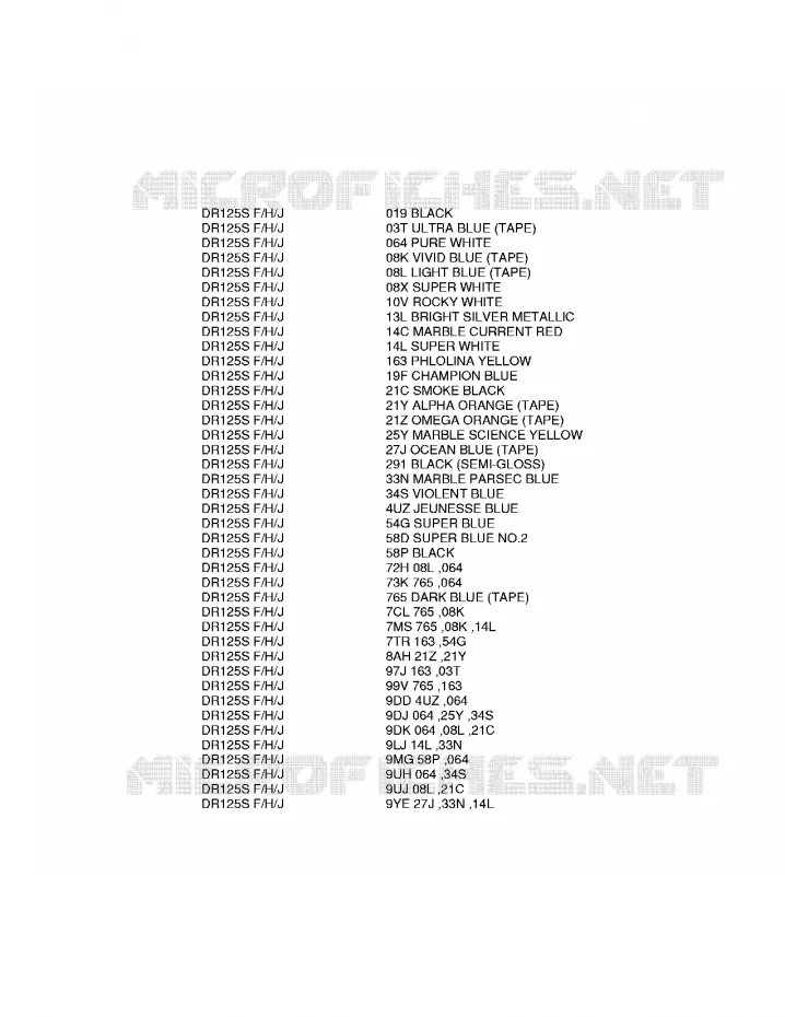 * CHARTE COULEUR * Suzuki MOTO 125 DR 1987  DR125SH(F/H/J)