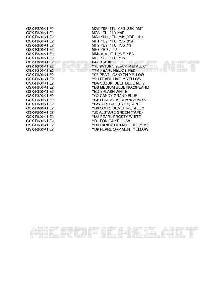 * CHARTE COULEUR * Suzuki MOTO 600 GSX-R 2002  GSX-R600U2K2(E2)