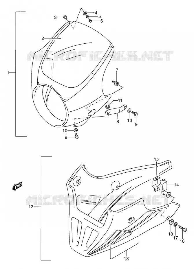 CARENAGE TETE DE FOURCHE (MODELE M/N/P/R/S/T OPTIONNEL) Suzuki MOTO 500 GS-E 1995  GS500ES(E2)