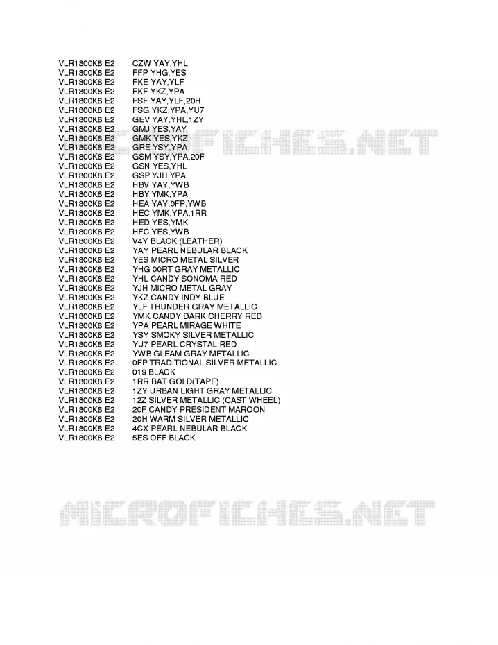 * CHARTE COULEUR * Suzuki MOTO 1800 INTRUDER 2008  VLR1800TK8(E2)