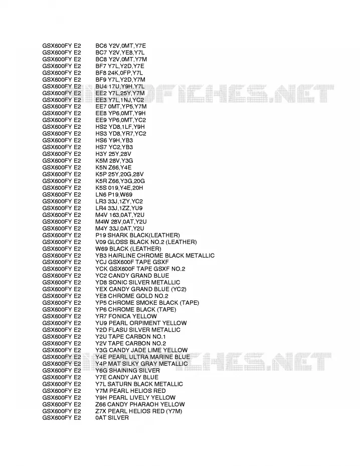 * CHARTE COULEUR * Suzuki MOTO 600 GSX-F 2000  GSX600FY(E2)