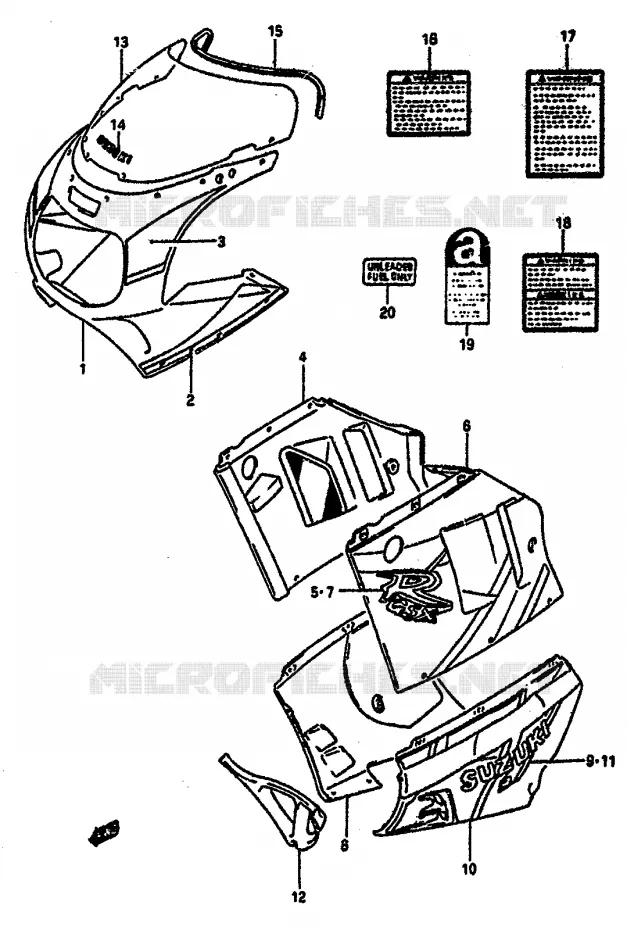 CARENAGES - ETIQUETTES (MODELE N) Suzuki MOTO 1100 GSX-R 1991  GSX-R1100M(M/N)
