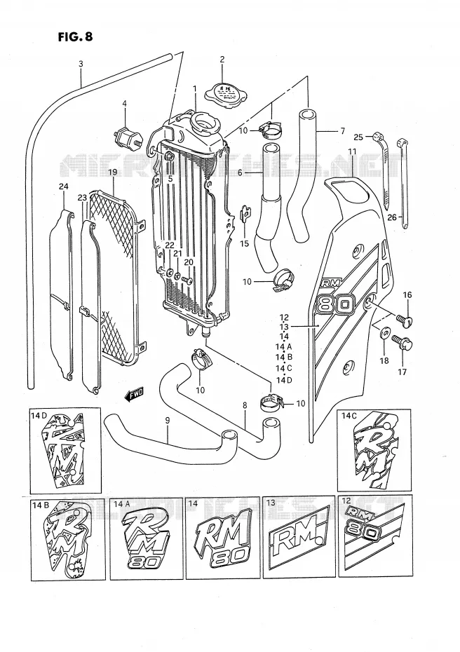 RADIATEUR (MODELE G/H/K/L/M/N/P) Suzuki MOTO 80 RM 1988  RM80J(E24)