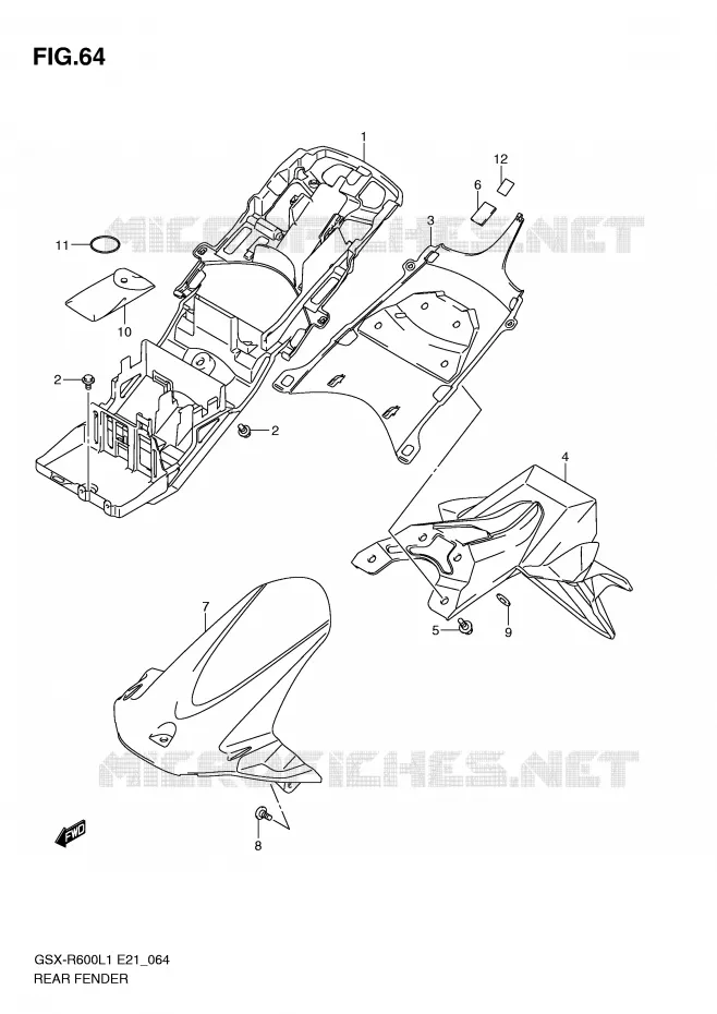 GARDE BOUE ARRIERE (GSX-R600UEL1 E21) Suzuki MOTO 600 GSX-R 2011  GSX-R600L1(E21)