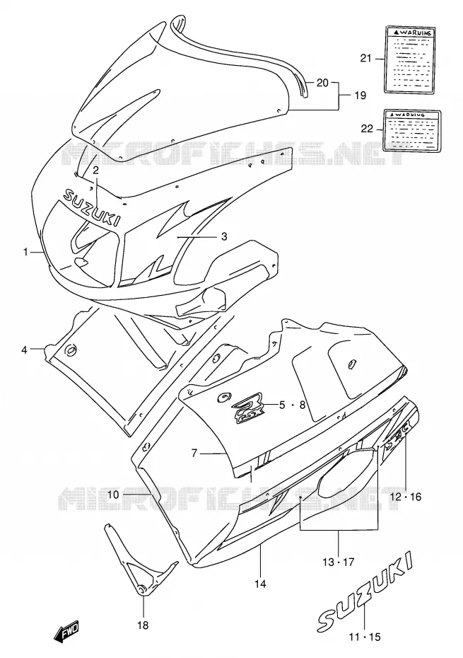CARENAGES - ETIQUETTES (MODELE M 08E) Suzuki MOTO 400 GSX-R 1992  GSX-R400RN(E30)