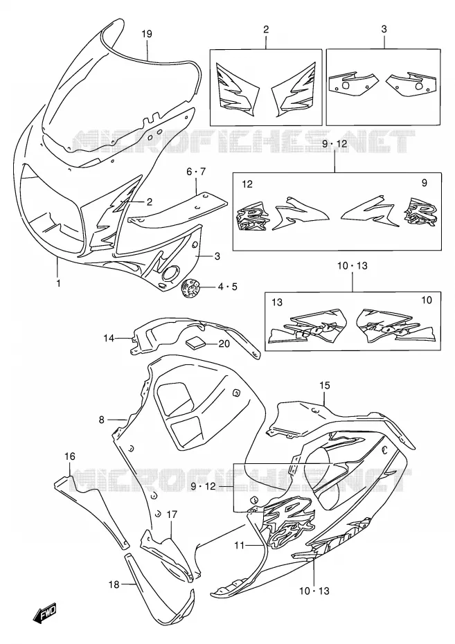CARENAGES - ETIQUETTES (MODELE S) Suzuki MOTO 1100 GSX-R 1994  GSX-R1100WR(E2)