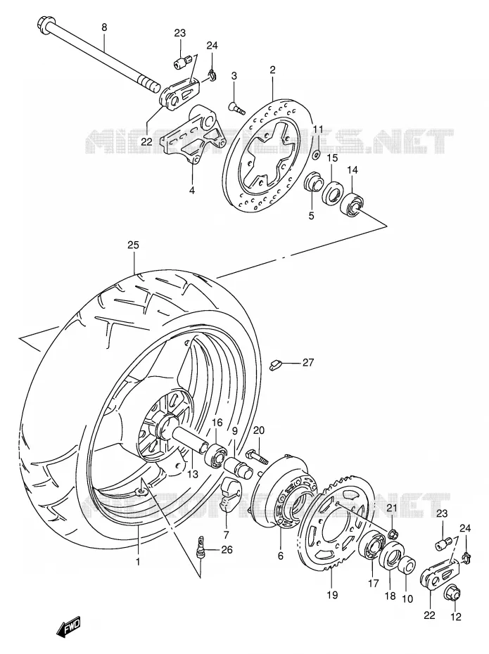 ROUE ARRIERE (MODELE P/R) Suzuki MOTO 1100 GSX-R 1993  GSX-R1100WP(E2)