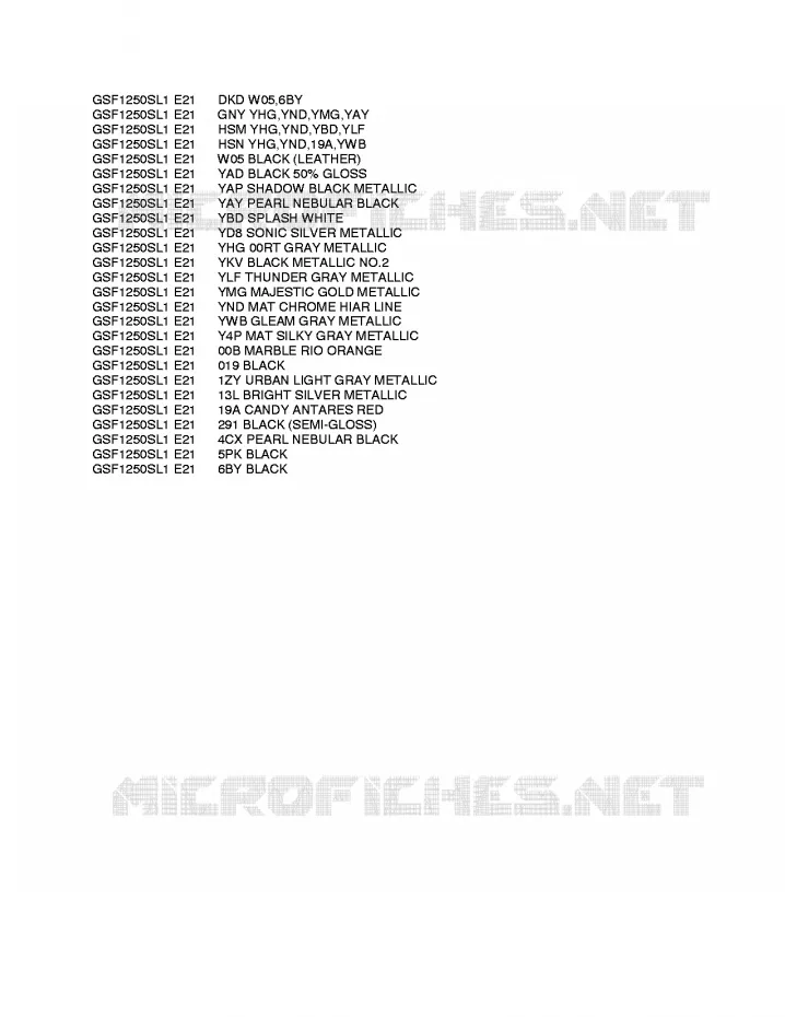 * CHARTE COULEUR * Suzuki MOTO 1250 BANDIT 2011  GSF1250SAL1(E21)