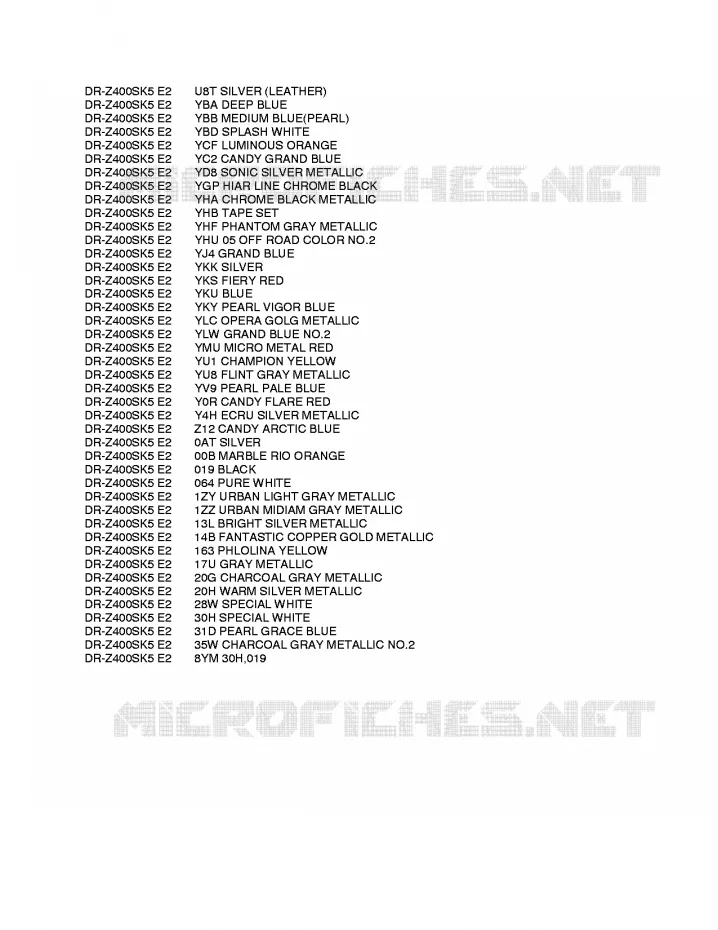 * CHARTE COULEUR * Suzuki MOTO 400 DR-Z 2008  DR-Z400SK8(E2)