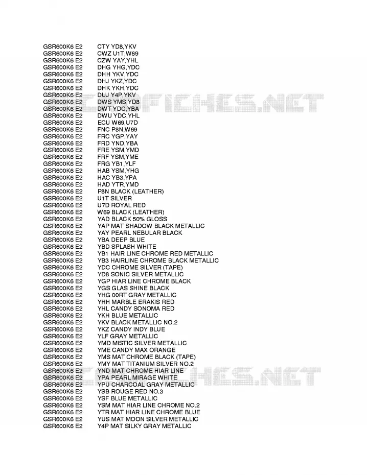 * CHARTE COULEUR * Suzuki MOTO 600 GSR 2009  GSR600UAK9(E2)