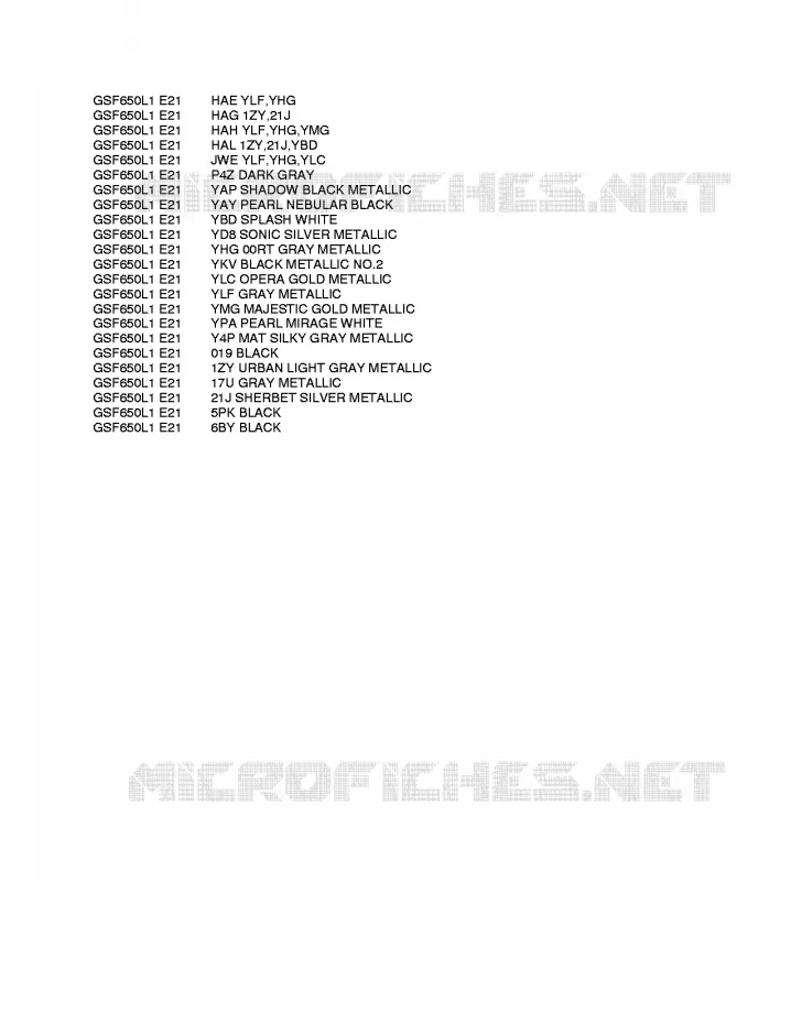 * CHARTE COULEUR * Suzuki MOTO 650 BANDIT 2011  GSF650UL1(E21)