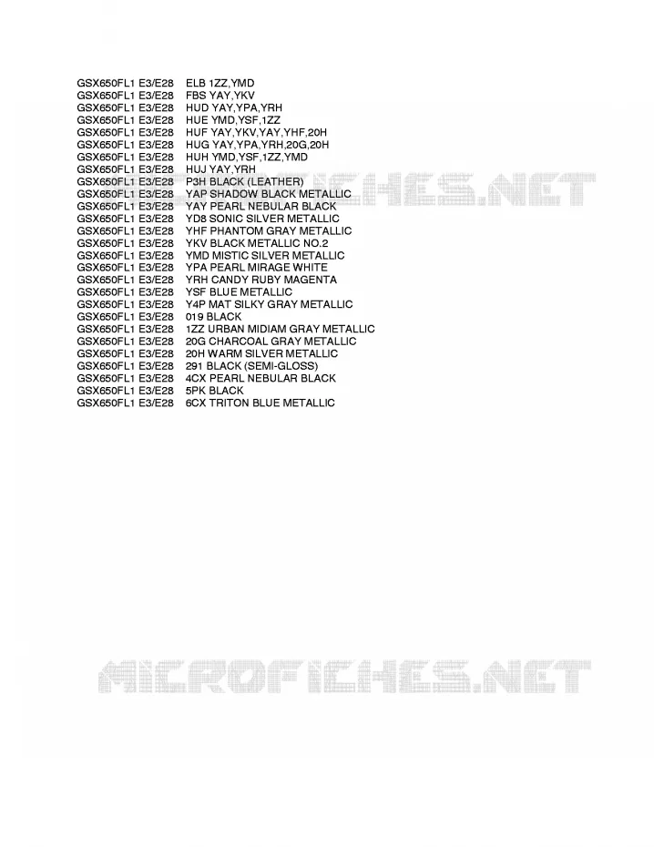 * CHARTE COULEUR * Suzuki MOTO 650 GSX-F 2011  GSX650FL1(E3/E28)