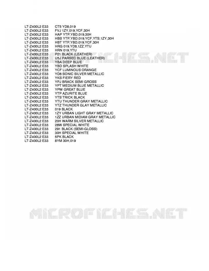 * CHARTE COULEUR * Suzuki QUAD 400 QUADSPORT 2012  LT-Z400ZL2(E33)