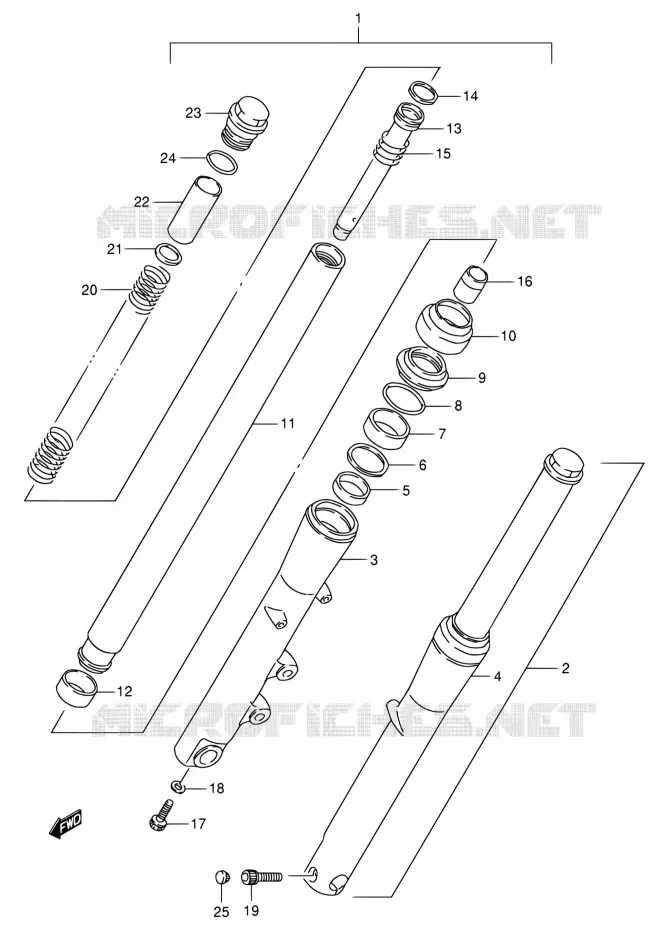 FOURCHE AVANT (MODELE N/P/R/S) Suzuki MOTO 800 INTRUDER 1993  VS800GL P (E02,E04,E17,E18,E21,E22,E25,E34,E53)